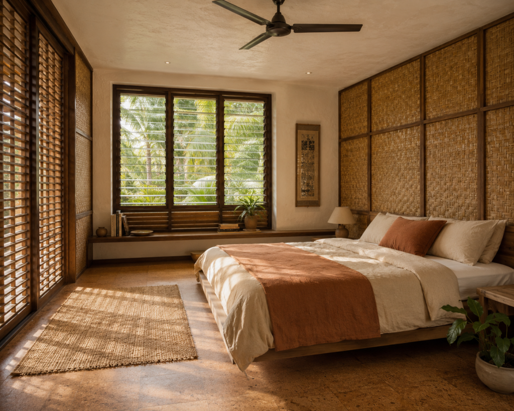 Sustainable tropical bedroom interior with bamboo walls, cork flooring and lime plaster ceiling in Southeast Asia