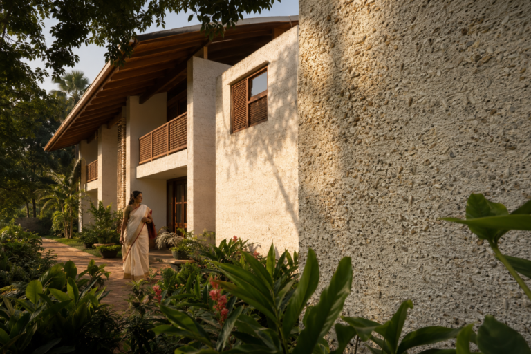 Exterior view of a hempcrete house in India with lime-washed walls and tropical garden