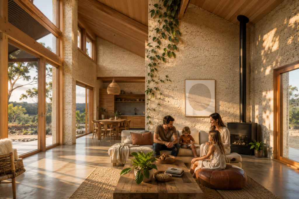 Interior of an Australian hempcrete home with timber frame and exposed hempcrete walls in warm afternoon light