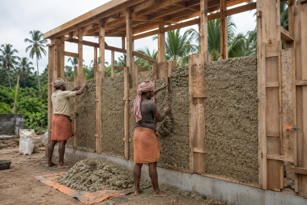  Workers tamping hempcrete into timber formwork on a construction site in Kerala, India 