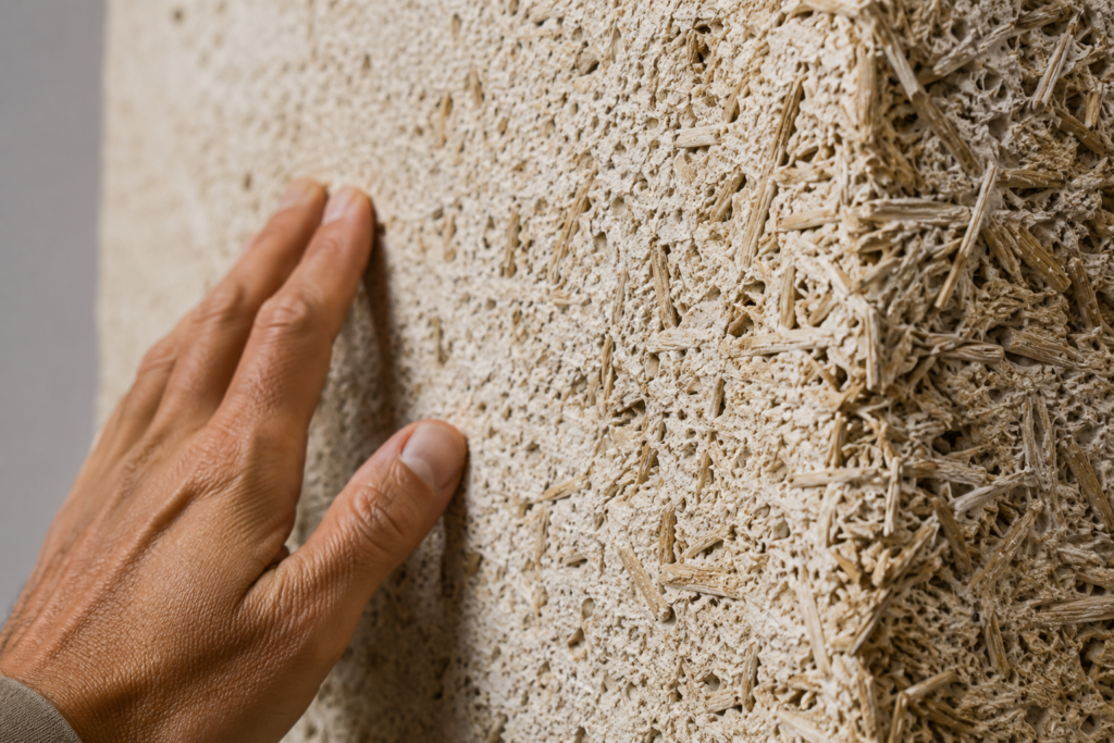 Close-up of hempcrete wall section showing hemp hurd aggregate and lime binder matrix 