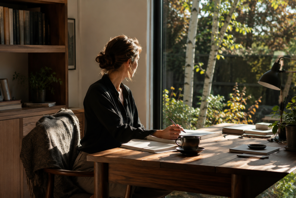 Sunlit home office desk beside a window overlooking a small garden with birch trees