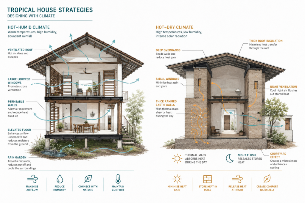 Side-by-side architectural cross-section diagrams comparing a hot-humid tropical house design with elevated floors and maximum ventilation against a hot-dry house with thick walls and deep shading