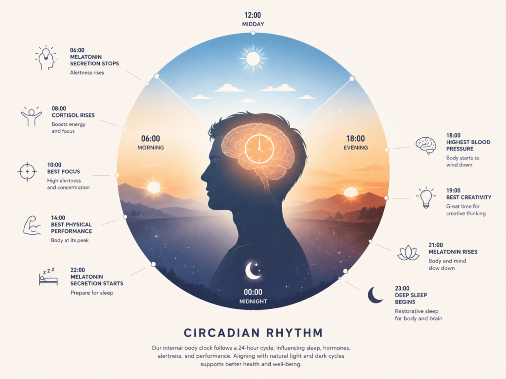 Diagram illustrating the human circadian rhythm and 24-hour light cycle