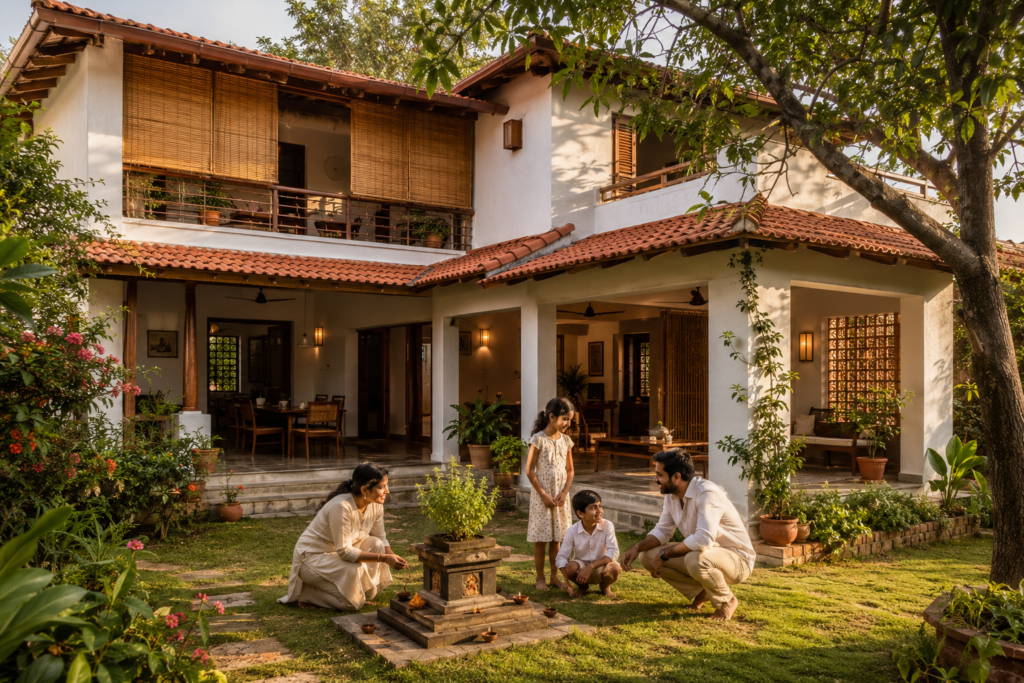 South Indian sustainable home with lime render, terracotta tiles, bamboo screens and recycled stone verandah
