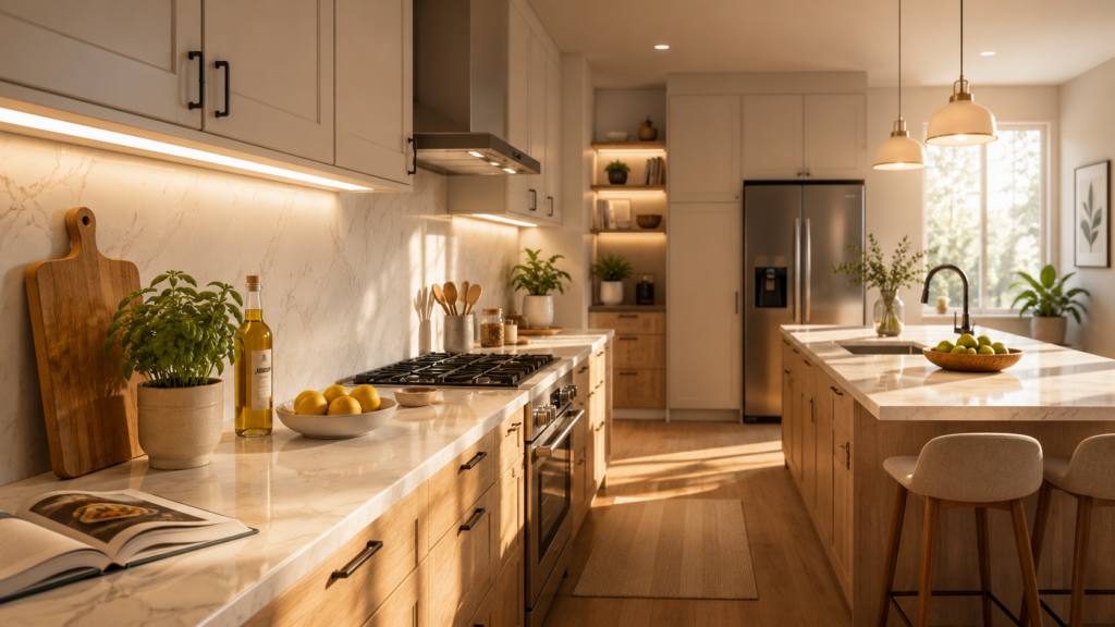 Kitchen with layered lighting including under-cabinet task lighting and pendant lights