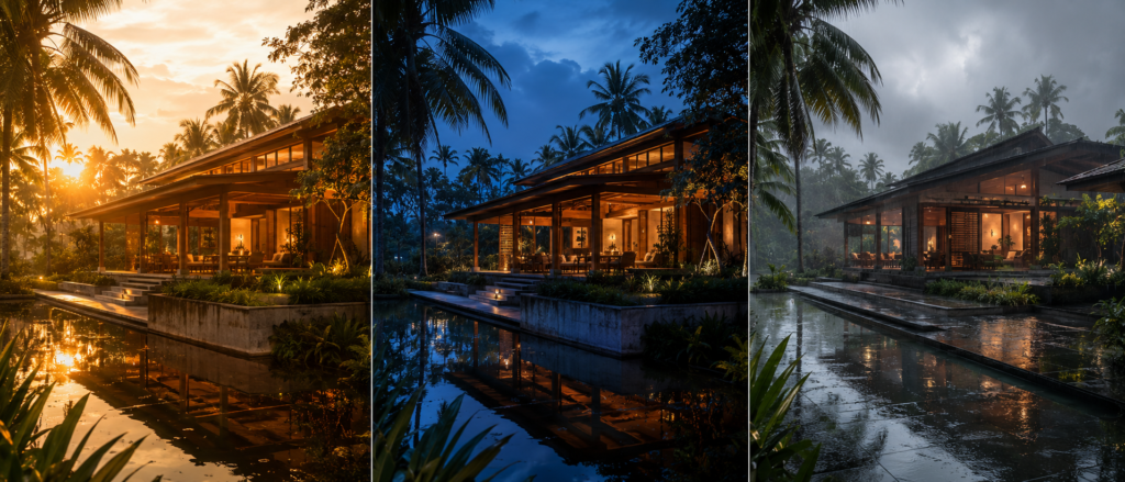Three Midjourney architectural render lighting conditions compared: golden hour, blue hour dusk, and monsoon overcast for tropical house 