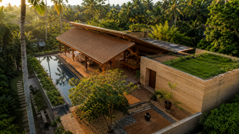 Tropical modern house rendered using Midjourney prompts for architects, Kerala India, golden hour lighting, cinematic aerial view