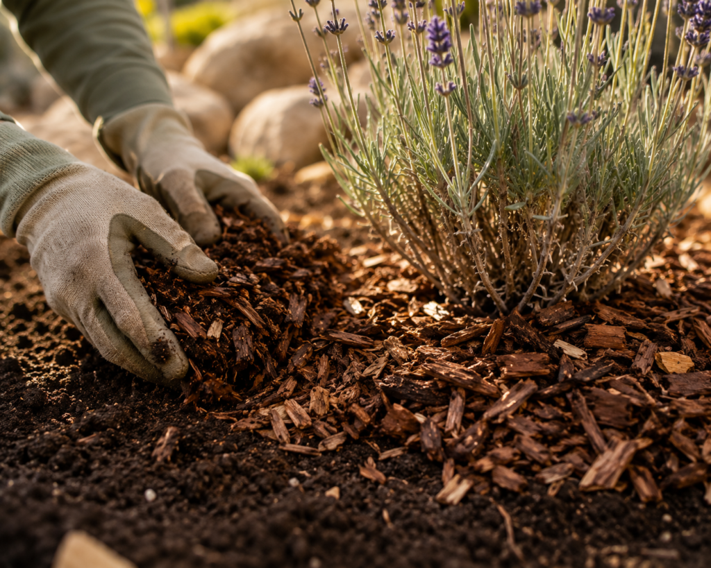 Close-up of compost and wood chip mulch being applied around a lavender plant to conserve soil moisture