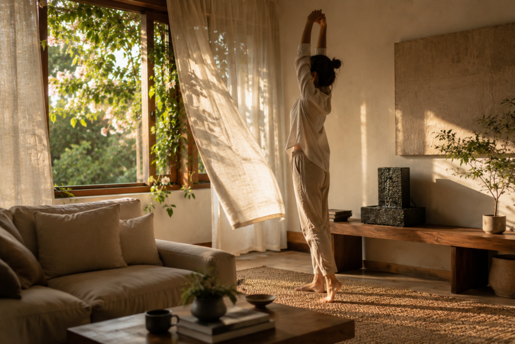 Living room with an open window, tabletop fountain, jute rug, and flowering jasmine vine