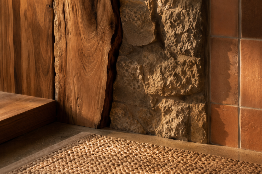 Close-up of teak wood paneling, local stone, and terracotta tile in warm afternoon light