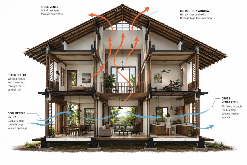 Architectural cross-section showing airflow patterns in a two-storey tropical home with cross ventilation at lower level and stack effect ventilation through a high central clerestory roof vent