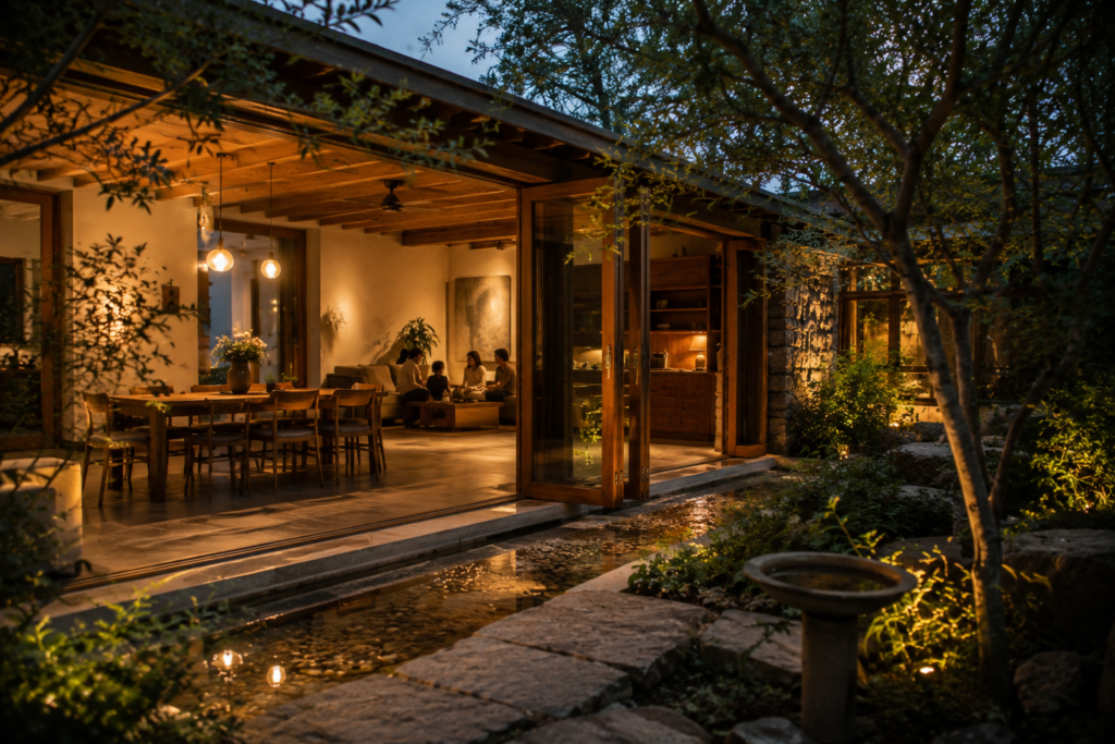 Home interior glowing with warm light at dusk, glazed doors open to a garden with a water channel and birdbath