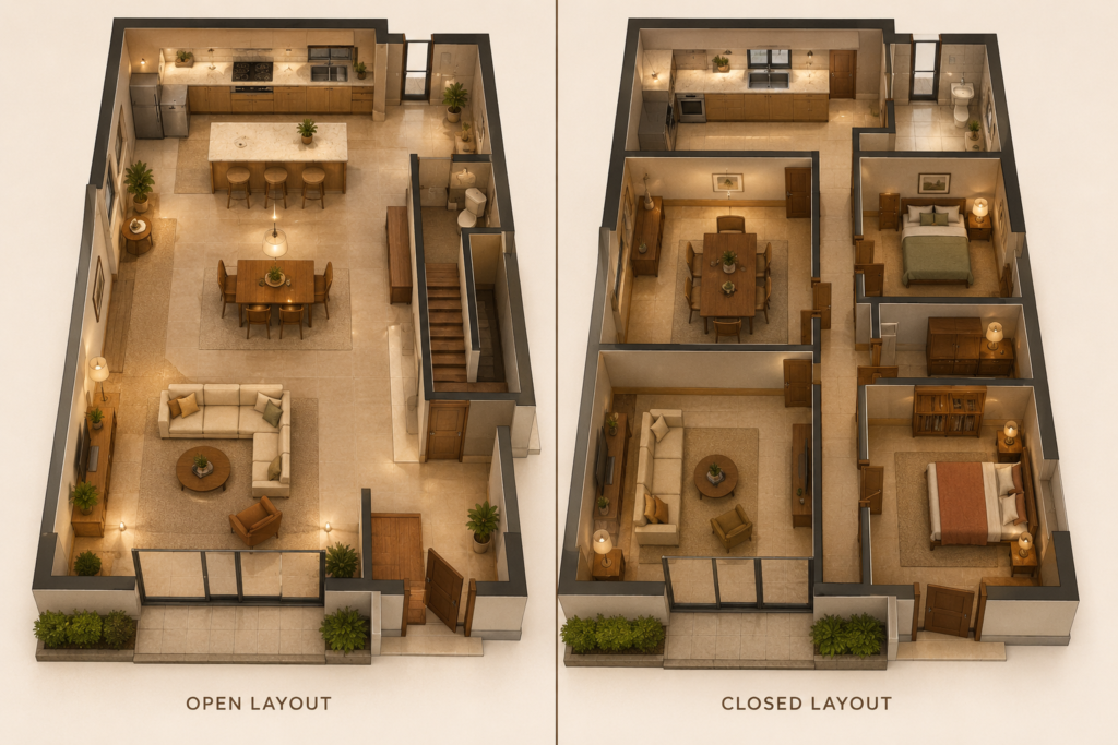 Open-plan vs. closed-room layout comparison