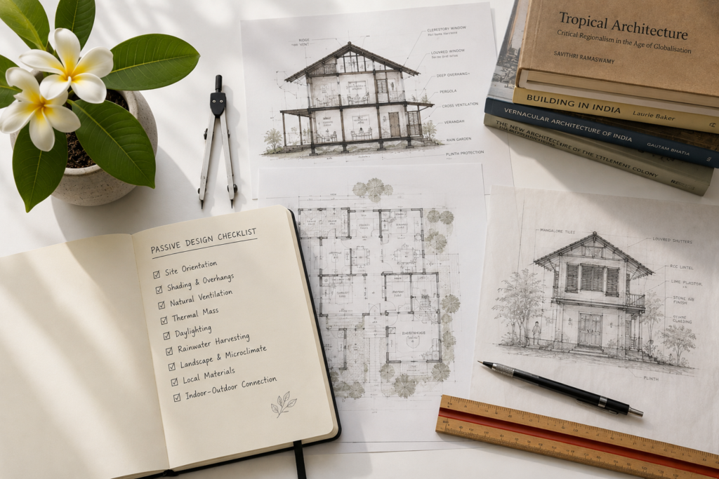 A flat-lay photograph of a tropical home architectural drawing, passive design checklist notebook, compass, potted frangipani and drafting tools on a white surface