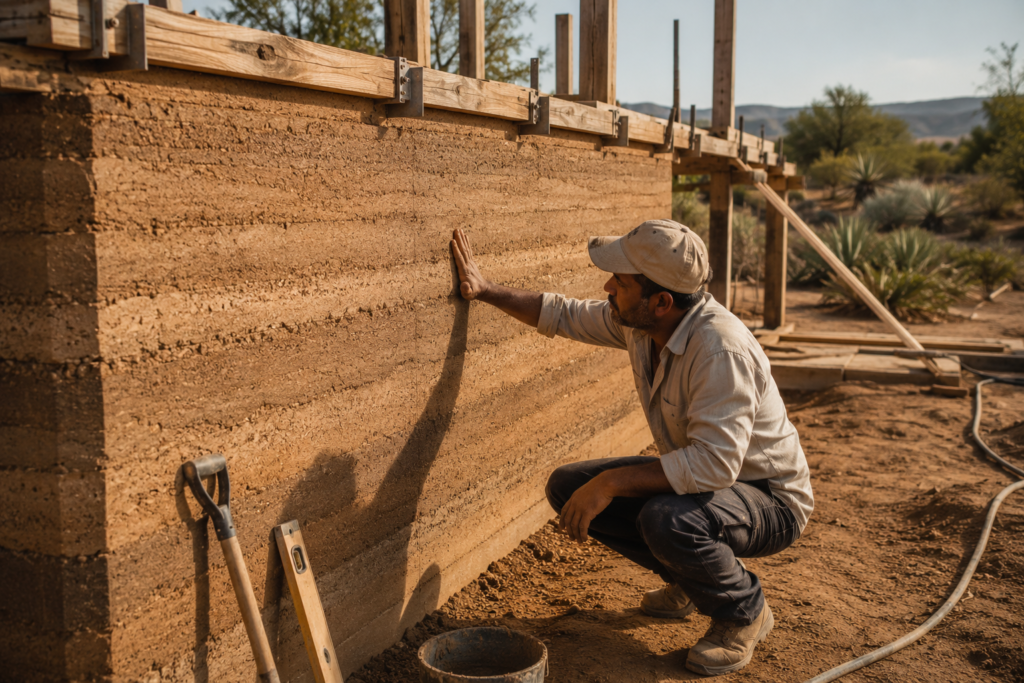 Builder inspecting a rammed earth wall under construction at a sustainable home site in a semi-arid landscape