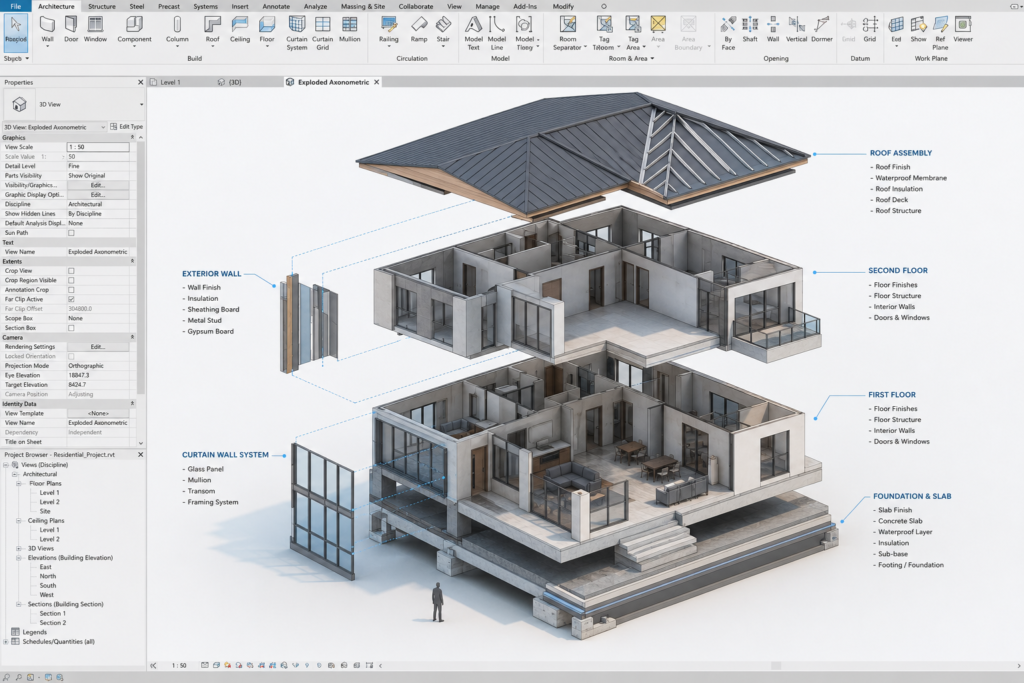  Exploded axonometric view of a Revit BIM model showing walls floors roof and curtain wall components