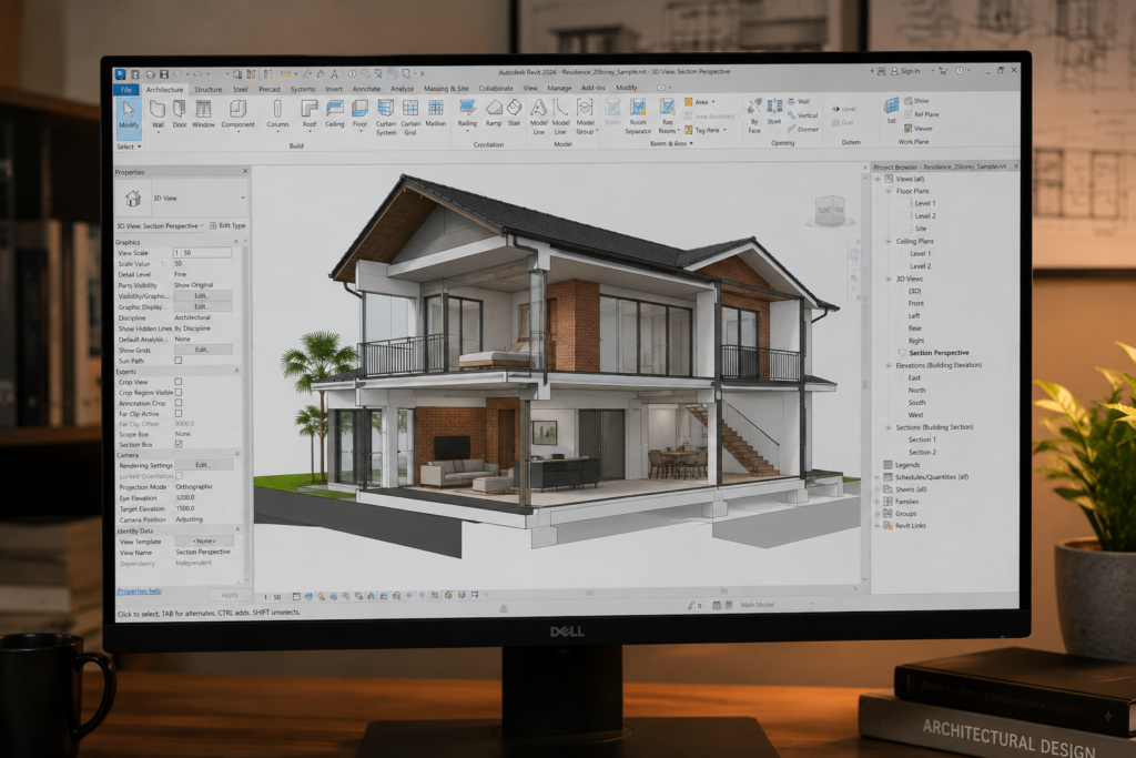 Revit 3D model showing walls, roof and floor slabs for beginner BIM modelling skills