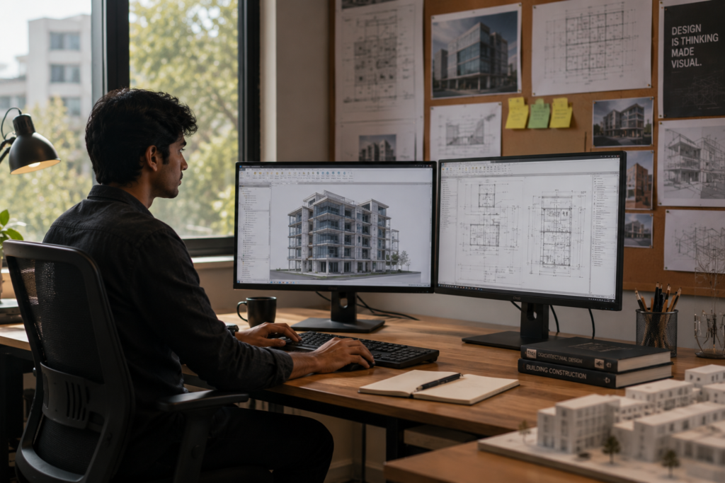 Young South Asian architecture student working on Revit BIM model at dual monitor workstation with architectural drawings 
