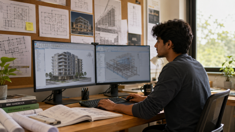 Young South Asian architecture student working on Revit BIM model at dual monitor workstation with architectural drawings