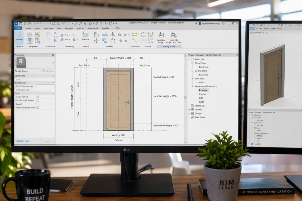 Revit Family Editor showing a parametric door family with reference planes dimensions and parameters