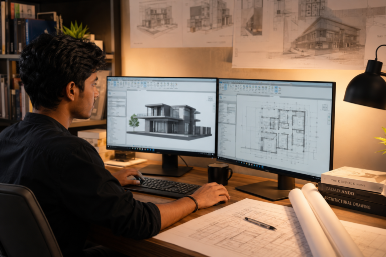 Architecture student learning Revit skills for beginners on a dual-monitor workstation with BIM model and floor plan open