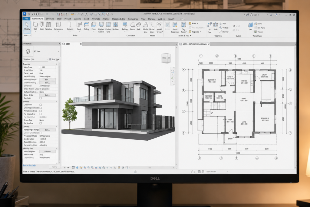 Architecture student learning Revit skills for beginners on a dual-monitor workstation with BIM model and floor plan open