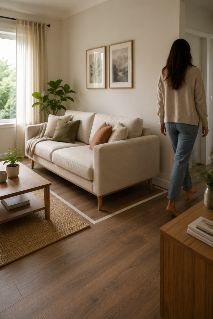 Living room showing correctly scaled sofa with visible legs and clear floor space around it 
