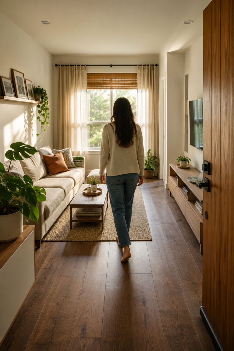 Clear walking path between sofa and entry door in a small, well-organized living room