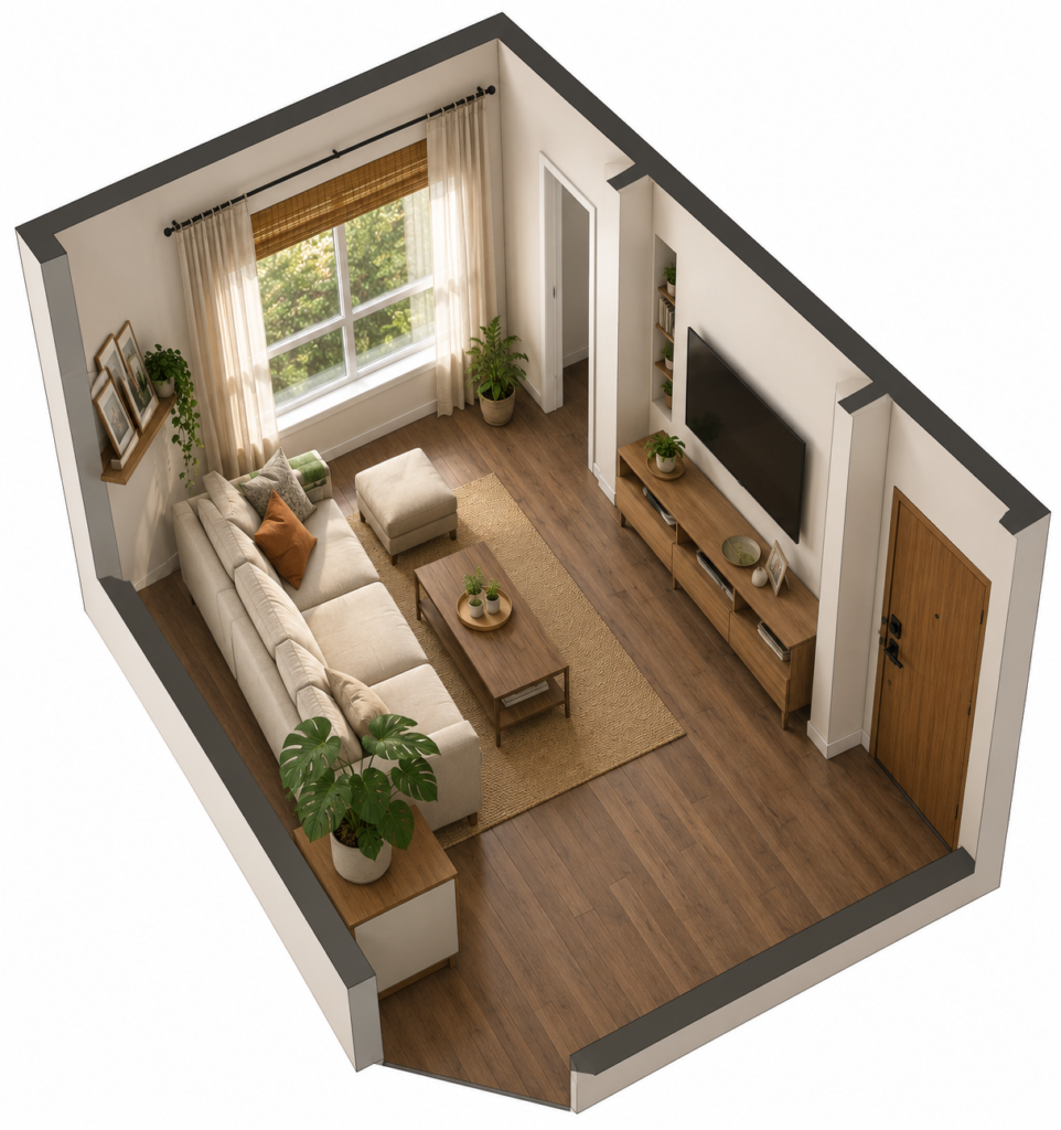 Clear walking path between sofa and entry door in a small, well-organized living room 