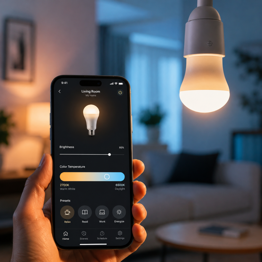 Bedroom with harsh overhead lighting and phone screen use before bed
