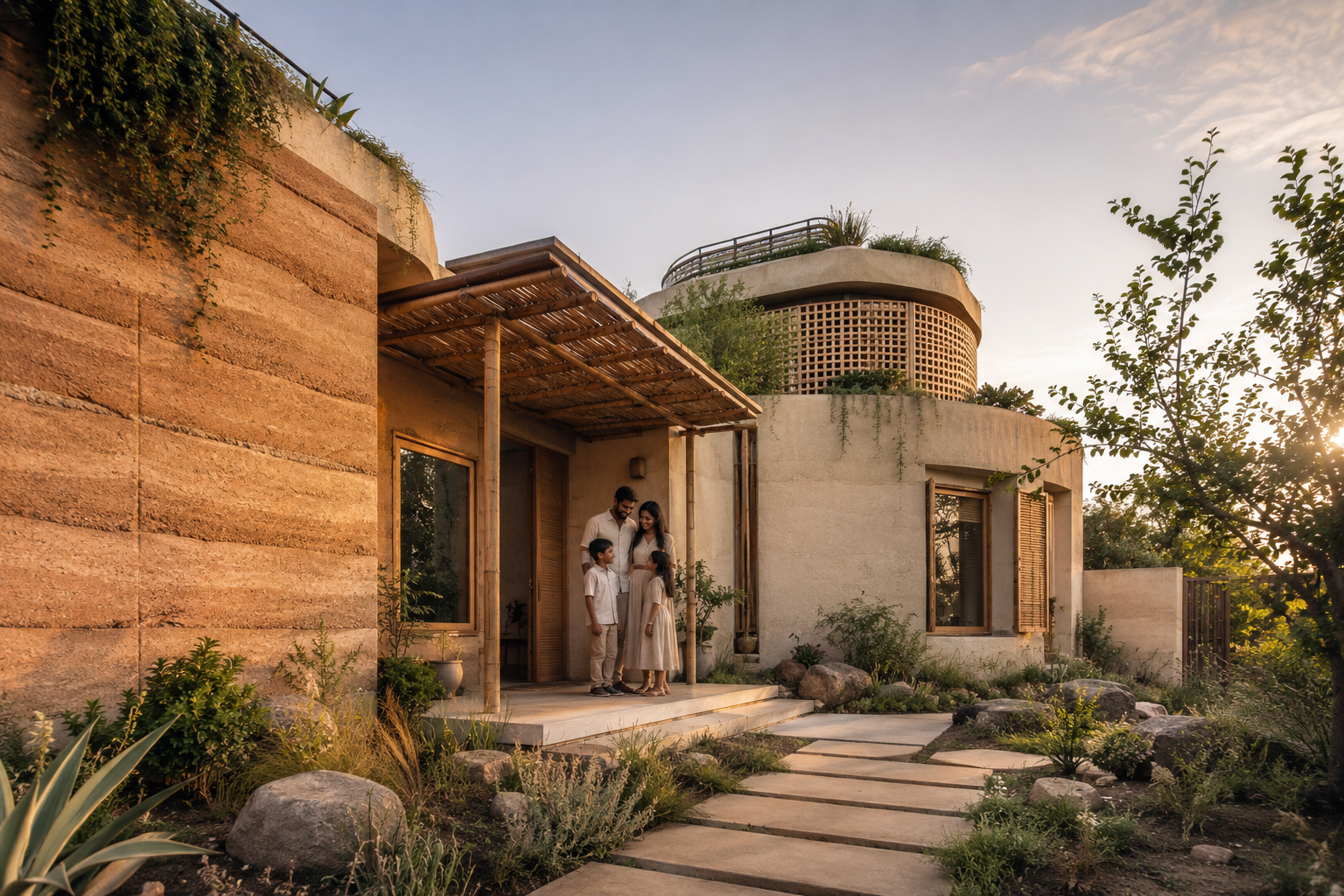 Contemporary sustainable home exterior with rammed earth, bamboo, and hempcrete materials at golden hour
