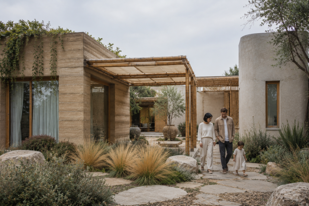 Contemporary sustainable home exterior with rammed earth, bamboo, and hempcrete materials at golden hour