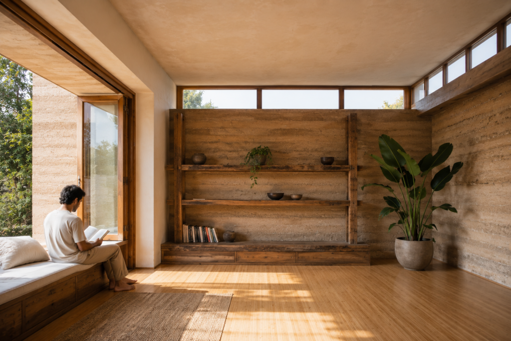 Sustainable home interior with rammed earth wall, bamboo flooring and reclaimed timber in warm afternoon light