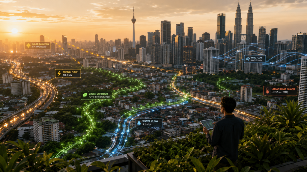 Architect reviewing urban data and systems flows over a dense tropical city from a green rooftop 