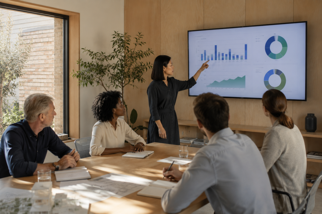 Small architecture team discussing an energy and cost dashboard on a meeting room screen