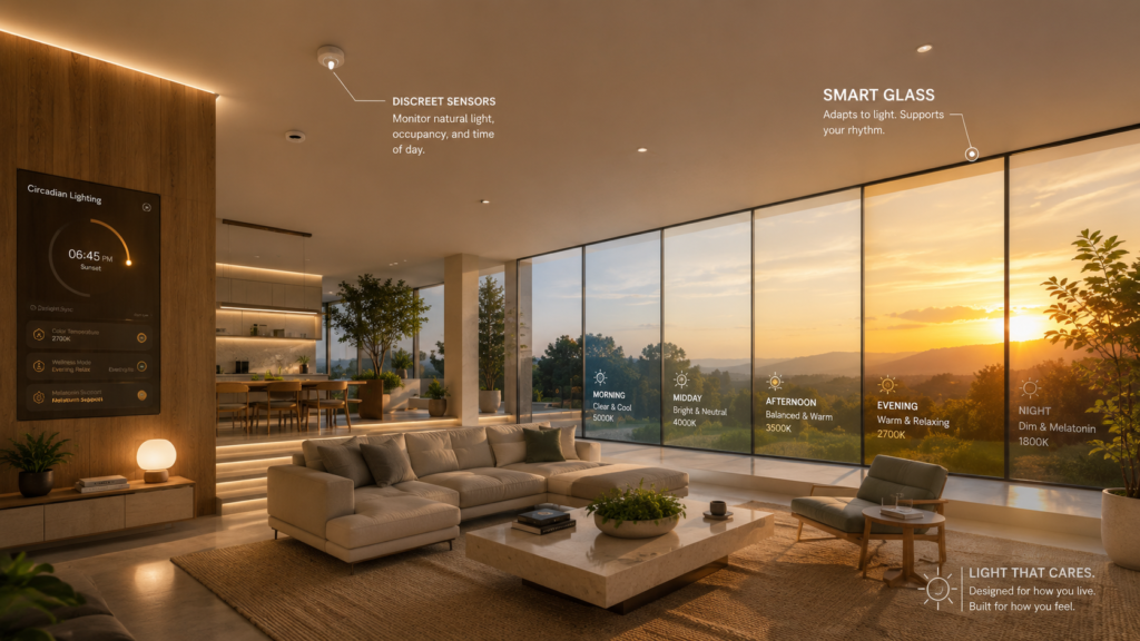 Futuristic home with daylight-responsive smart windows and wellness-focused design