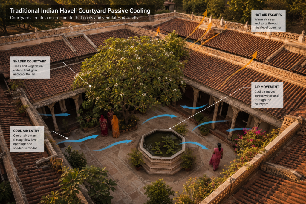 Aerial photorealistic view of a traditional Indian haveli courtyard with a central frangipani tree, reflecting pool and terracotta roof tiles showing passive cooling airflow patterns