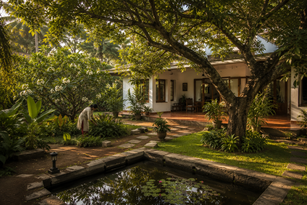 A contemporary Kerala home surrounded by a mature tropical garden with a neem tree, frangipani, reflecting pool and terracotta-tiled veranda providing passive cooling through shade and evapotranspiration