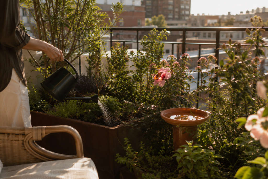 Small urban balcony with native flowering shrubs, a terracotta birdbath, and a butterfly on a hibiscus flower