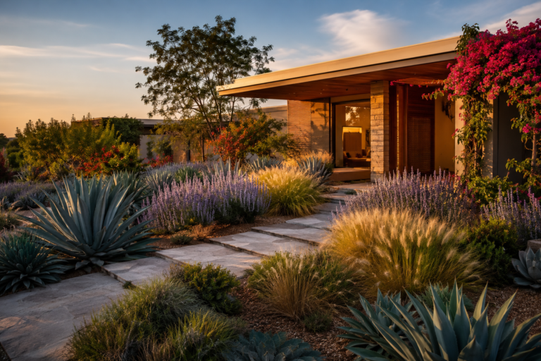 Lush water-wise garden with native plants and xeriscaping around a contemporary home