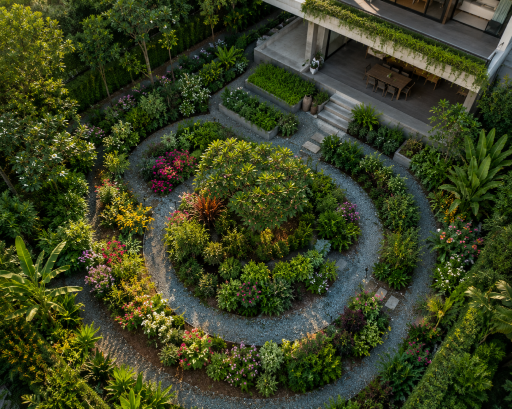 Aerial drone view of a layered water-wise residential garden with concentric irrigation zones in Southeast Asia