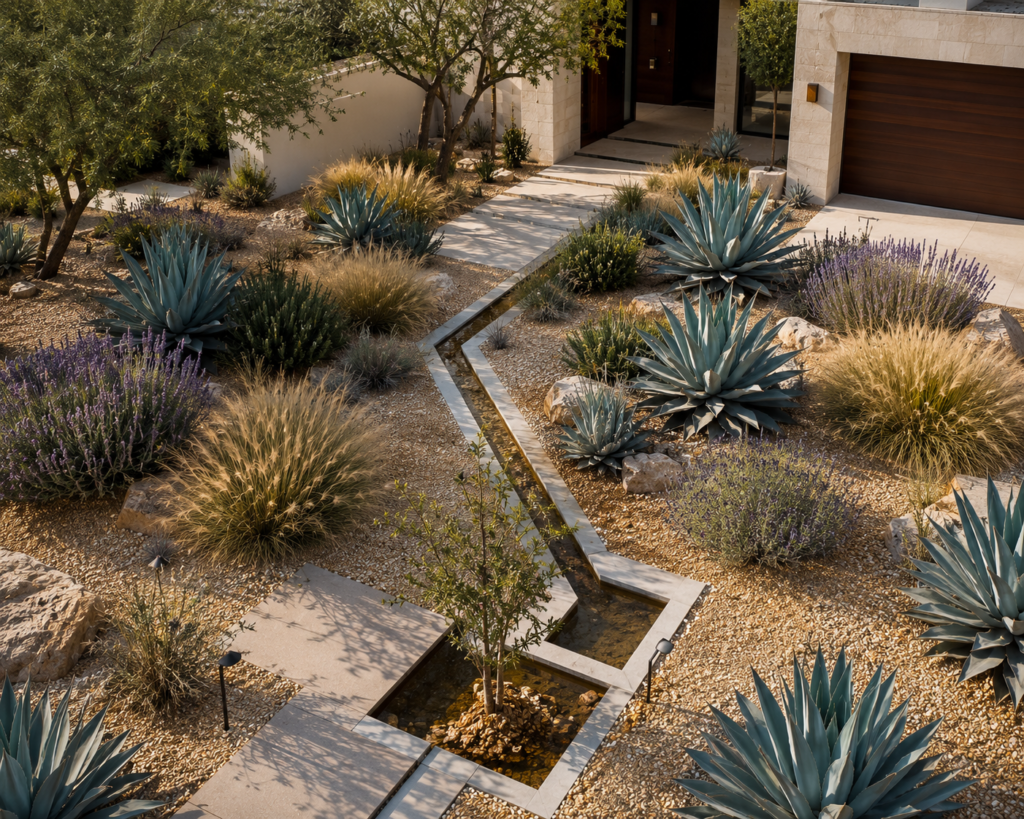 Aerial view of a xeriscaped garden with gravel, agave, and ornamental grasses around a contemporary villa