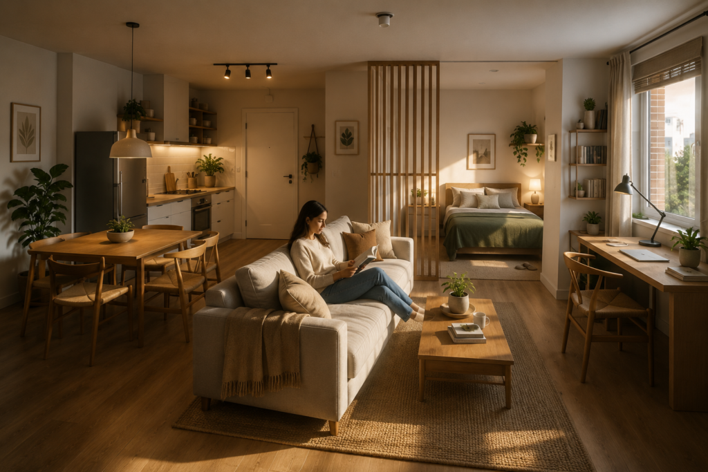 Open-plan studio apartment with separate rug-defined seating, dining, and desk zones