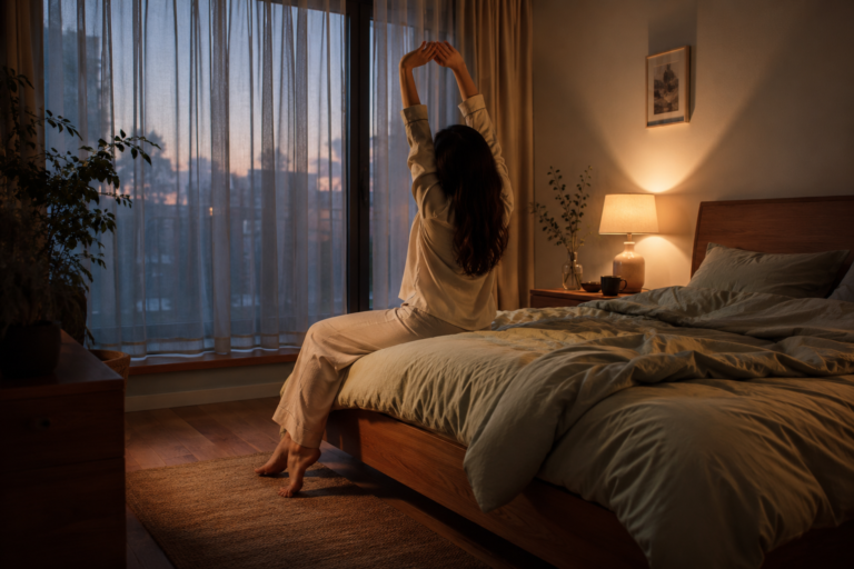 Warm, calming bedroom interior designed for better sleep with soft lamp lighting and natural linen bedding
