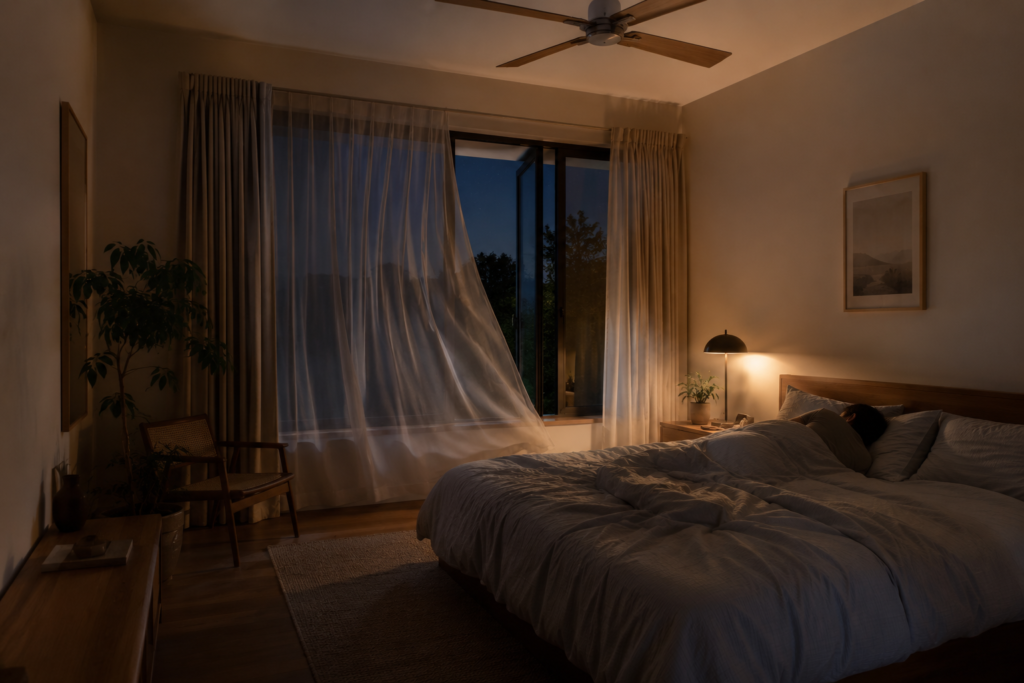 Bedroom at night with a cracked window and ceiling fan supporting natural cooling for sleep