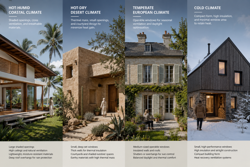 Four homes showing different window strategies for hot-humid, hot-dry, temperate and cold climates