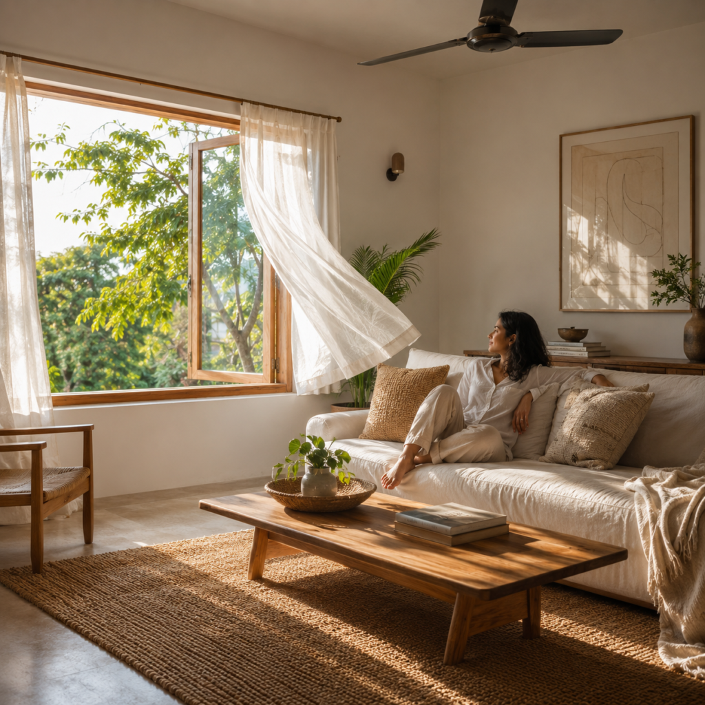 Bright living room with open window and moving curtains showing natural airflow