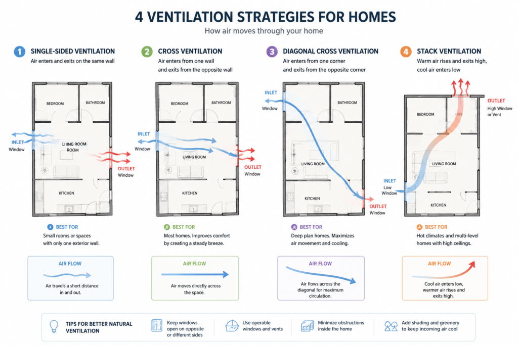 Diagram comparing single-sided, cross, diagonal cross and stack ventilation floor plan strategies