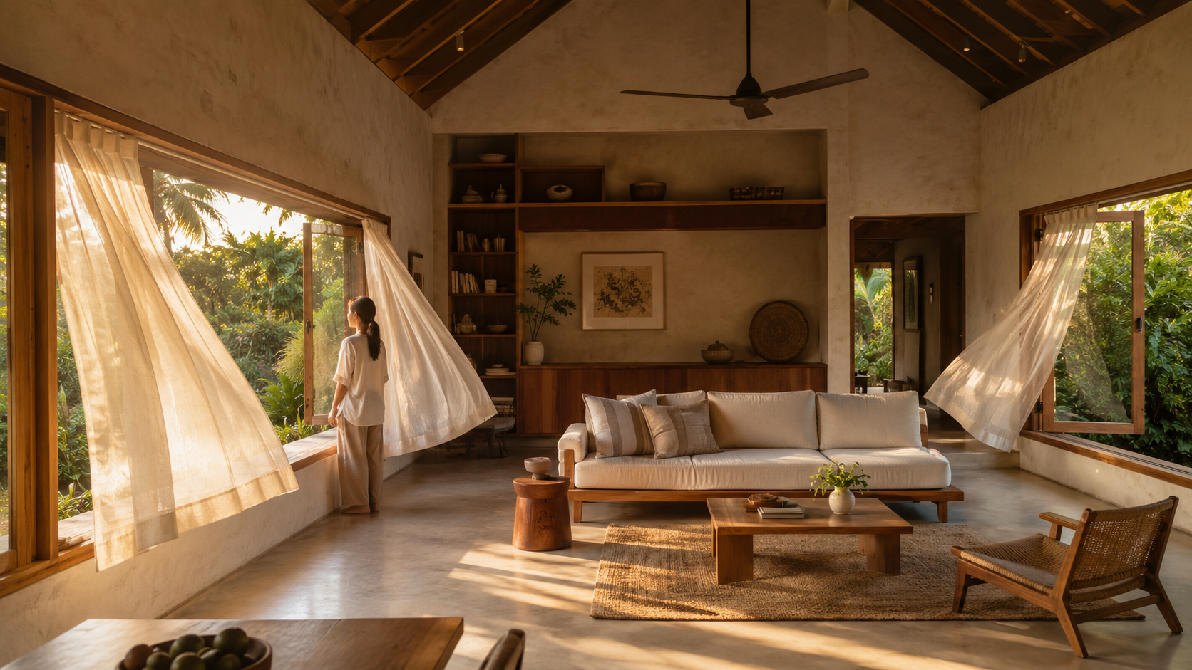 Living room with two windows on opposite walls creating cross ventilation in a tropical home